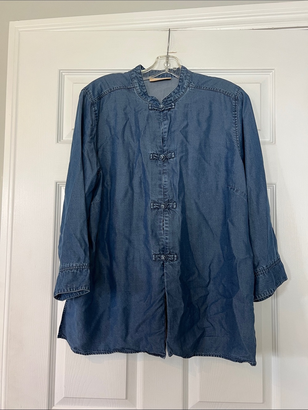 Kate Hill Indigo Denim Mandarin-Collar Button-Front Shirt